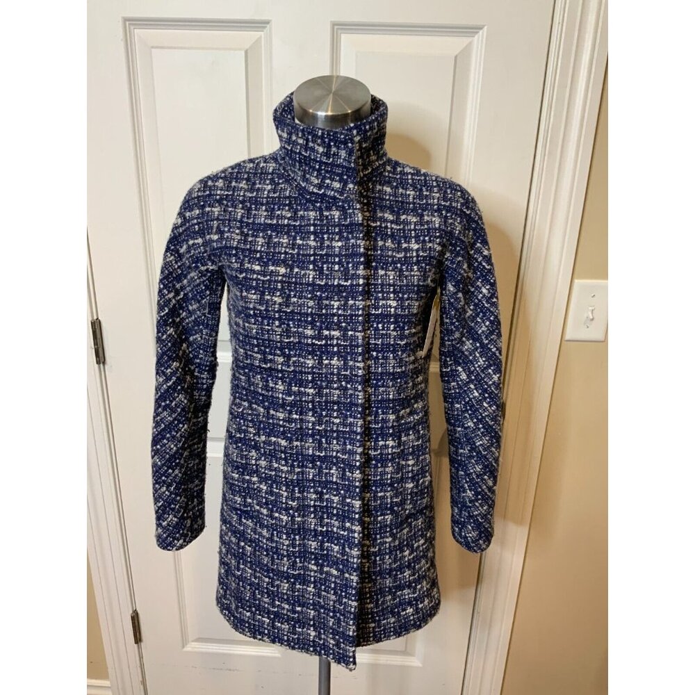 J.Crew Blue White Wool Tweed Full Zip Cocoon City Coat, Size 00